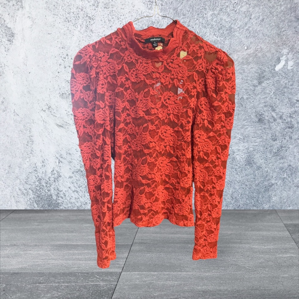 Ambiance Red Puff Sleeve Mock Neck Lace Stretch Top EUC